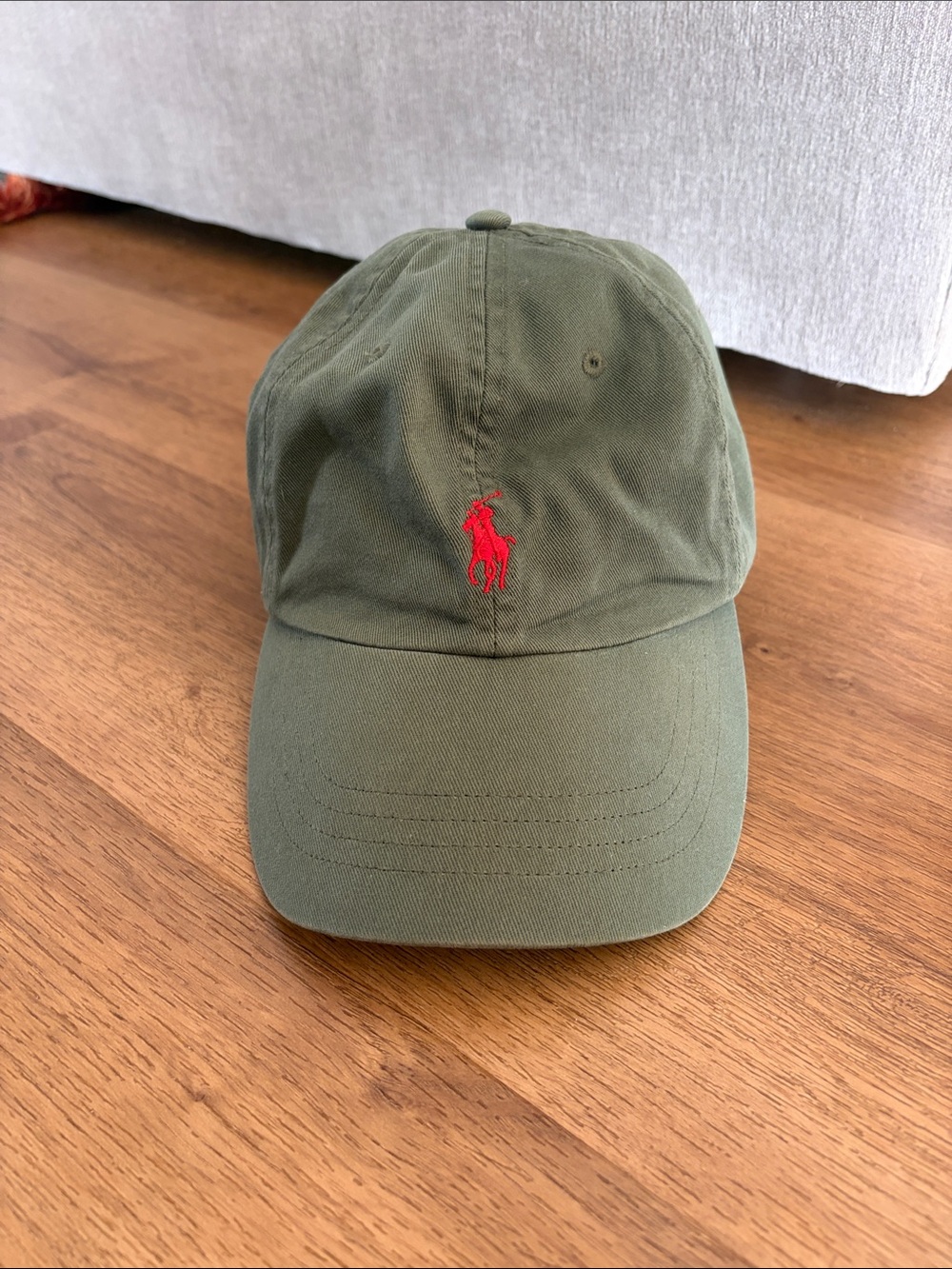 Polo Ralph Lauren Olive Green Leather Strap Dad Hat Cap Red Pony Logo OS